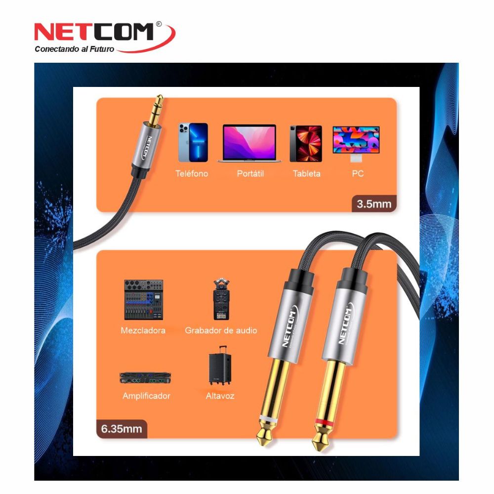 CABLE DE AUDIO 1 PLUG 3.5MM A 2 PLUG 6.3MM NETCOM PE-RS0503