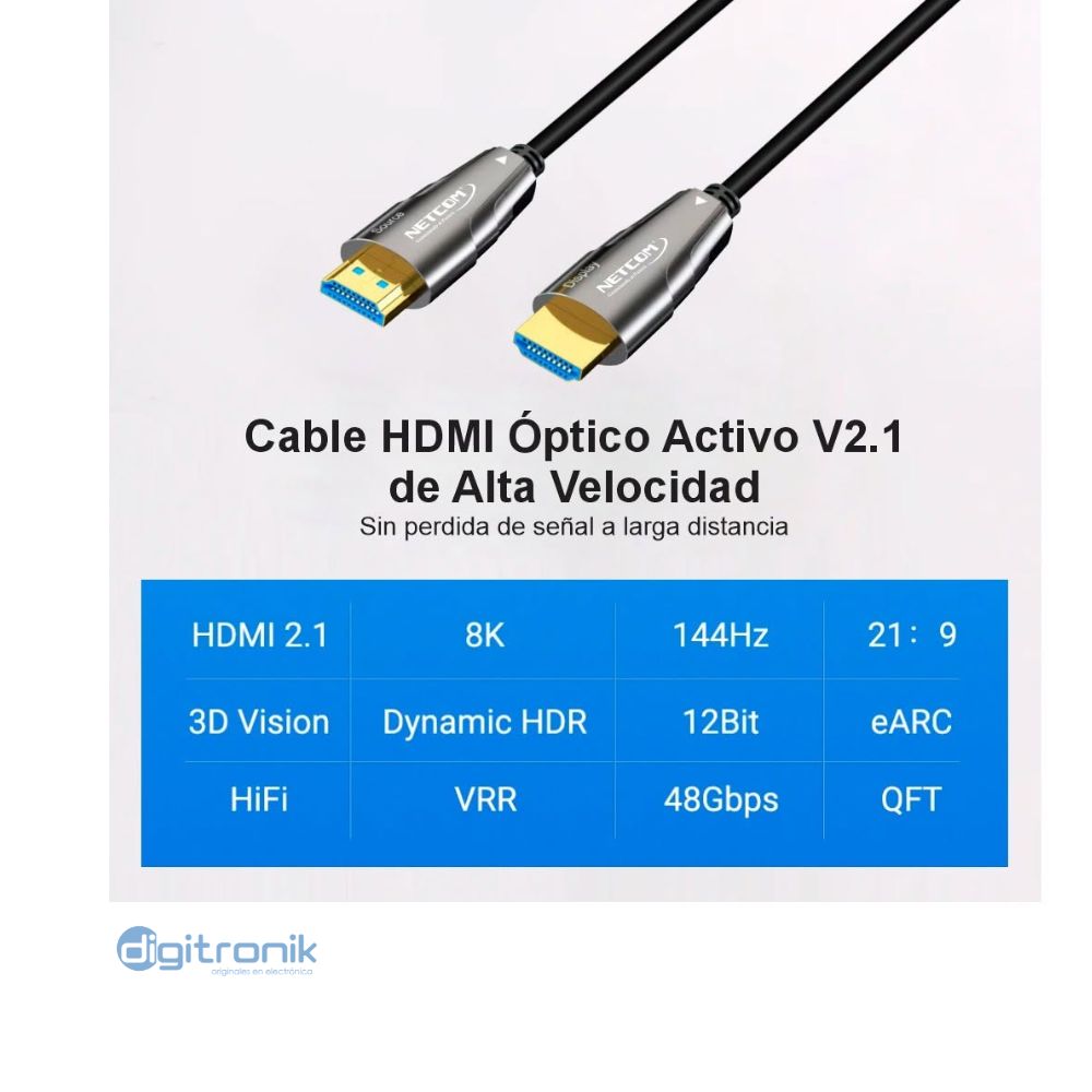 CABLE HDMI FIBRA OPTICA DE 15M UHD 8K@60HZ V2.1 NETCOM PE-HF1015