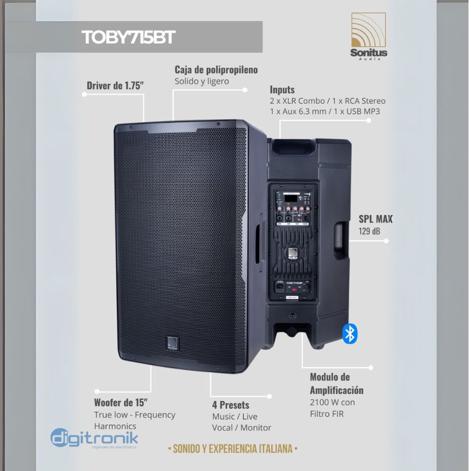 PARLANTE SONITUS ACTIVO 15" DRIVER 1.75" 2100W TOBY715-BT