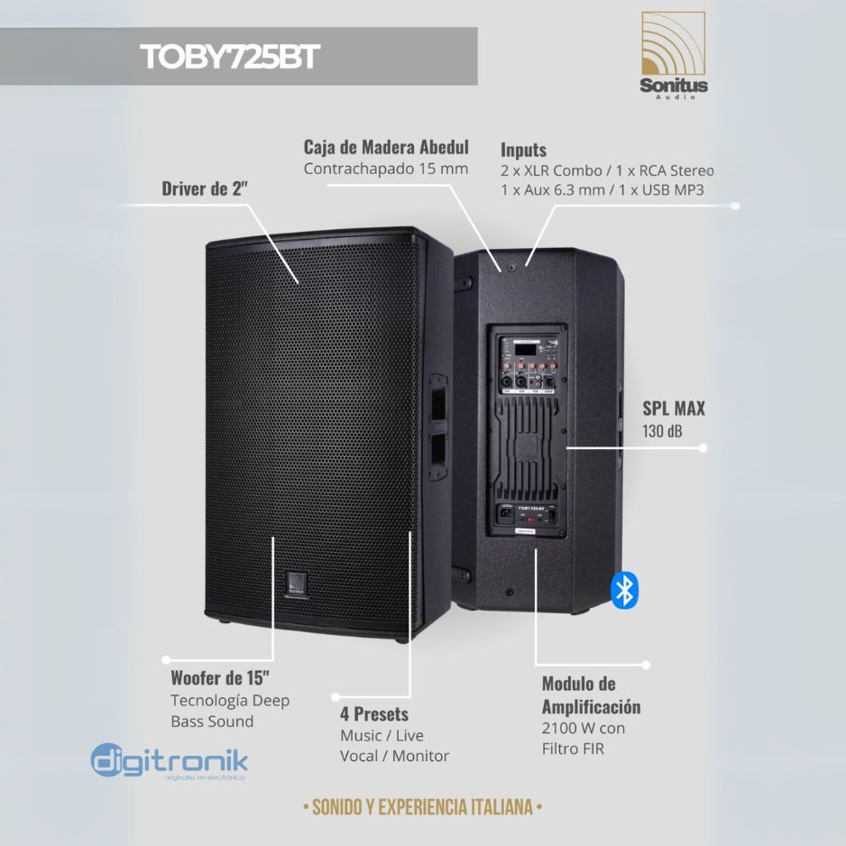 PARLANTE SONITUS ACTIVO DE MADERA 15" DRIVER 2" 2100W TOBY725-BT