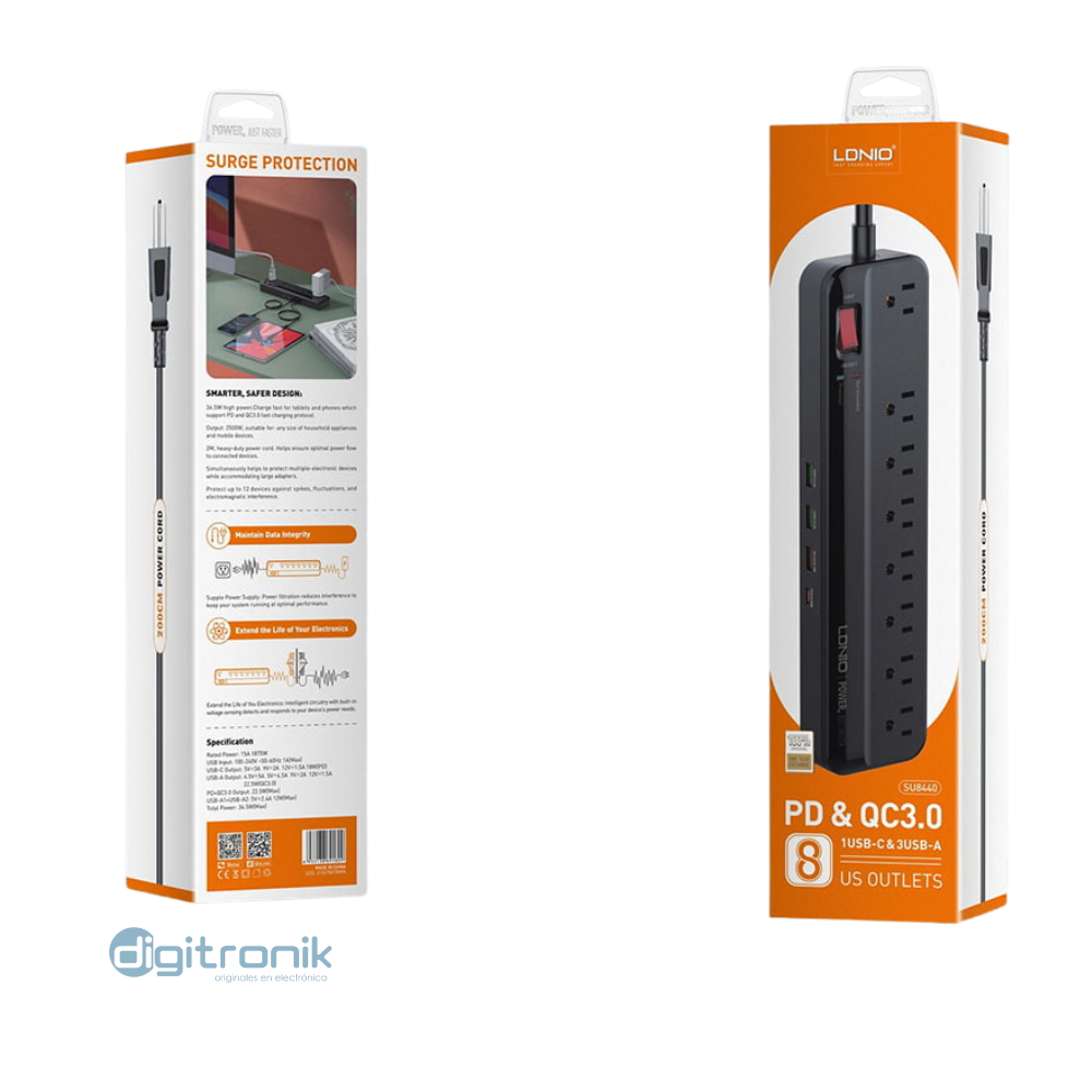 Supresor de pico, regleta de alimentación Ldnio de 8 salidas de CA SU8440