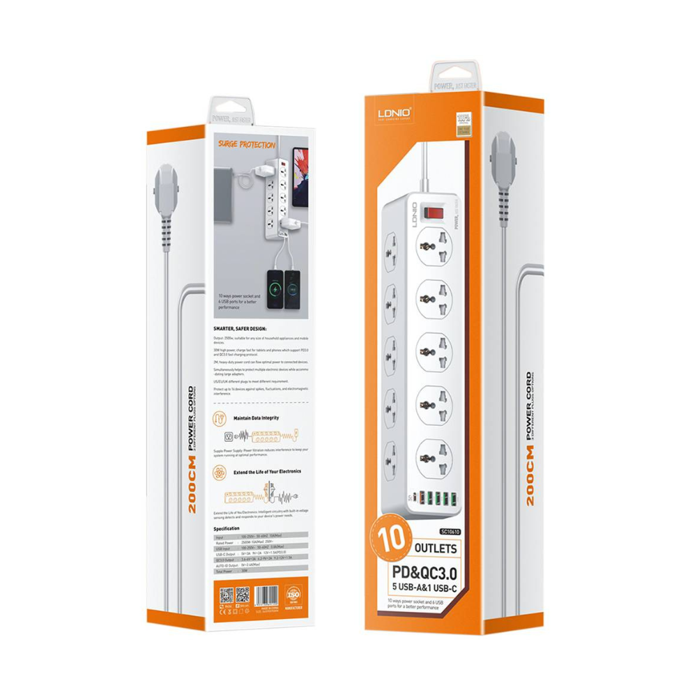 TOMACORRIENTE EXTENSION 10 PUERTOS MAS CONECTOR USB LDNIO SC10610
