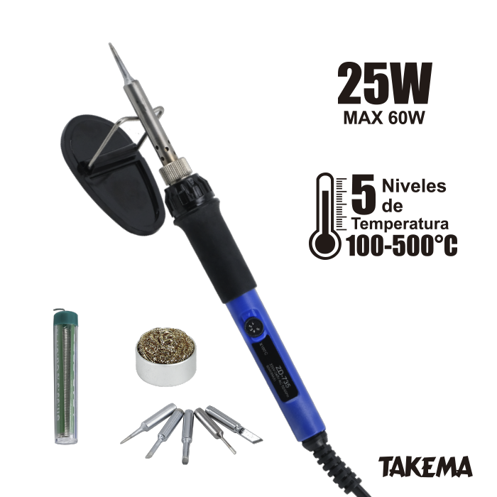 KIT SOLDADOR CON CAUTIN DE 25W - 60W 5 PUNTAS TAKEMA ZD-735A