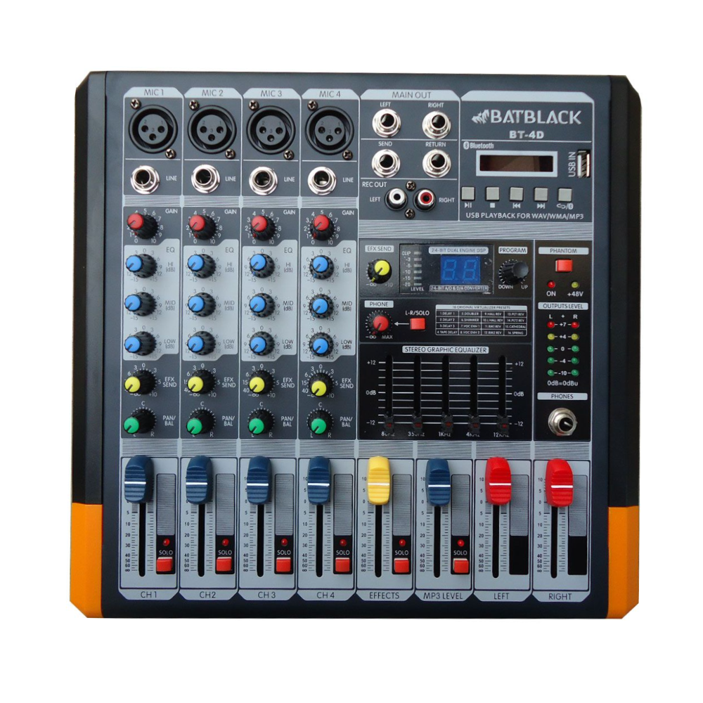 Consola amplificada BATBLACK 600W 4 canales con phantom C/USB/MP3/BT BT-4D2
