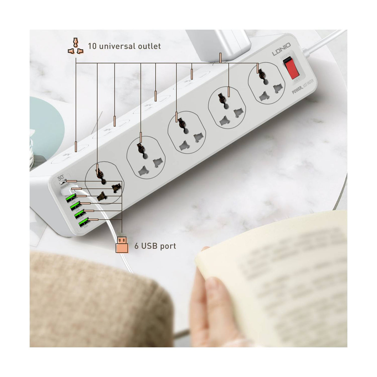 TOMACORRIENTE EXTENSION 10 PUERTOS MAS CONECTOR USB LDNIO SC10610