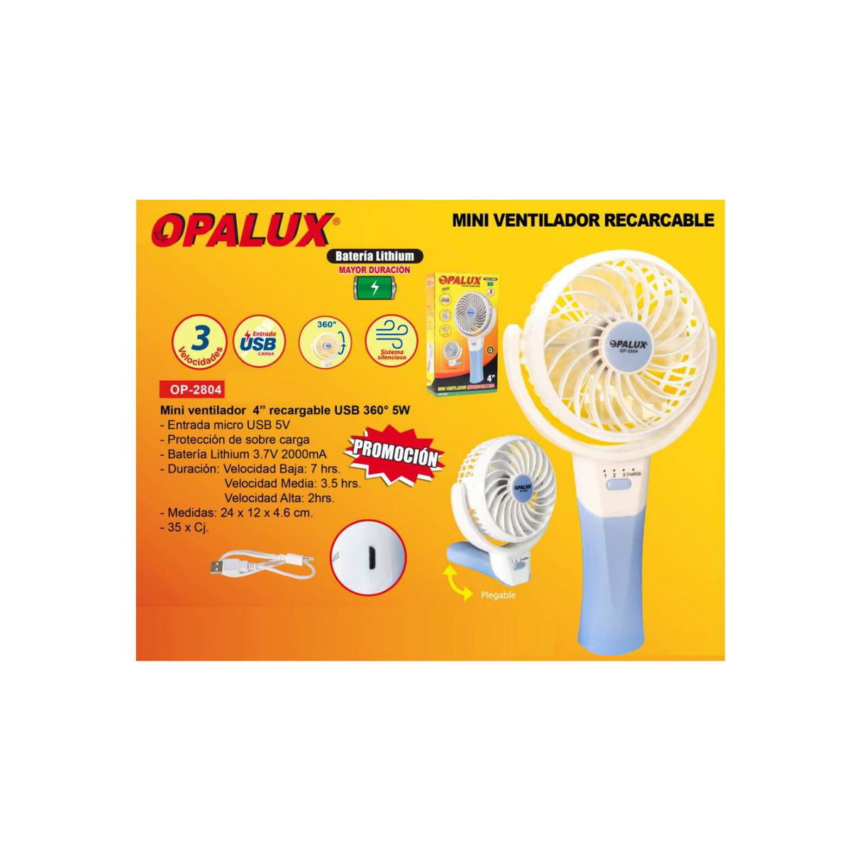 Ventilador Recargable 360° De Mano Y Escritorio Opalux OP-2804