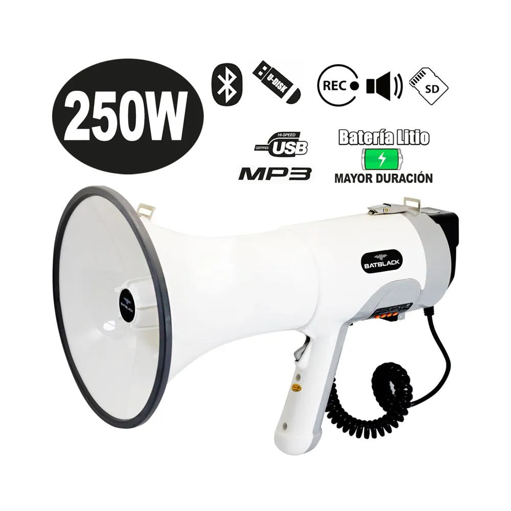 MEGAFONO RECARGABLE 250W BATBLACK CON BT, USB, MP3 BT-MF250