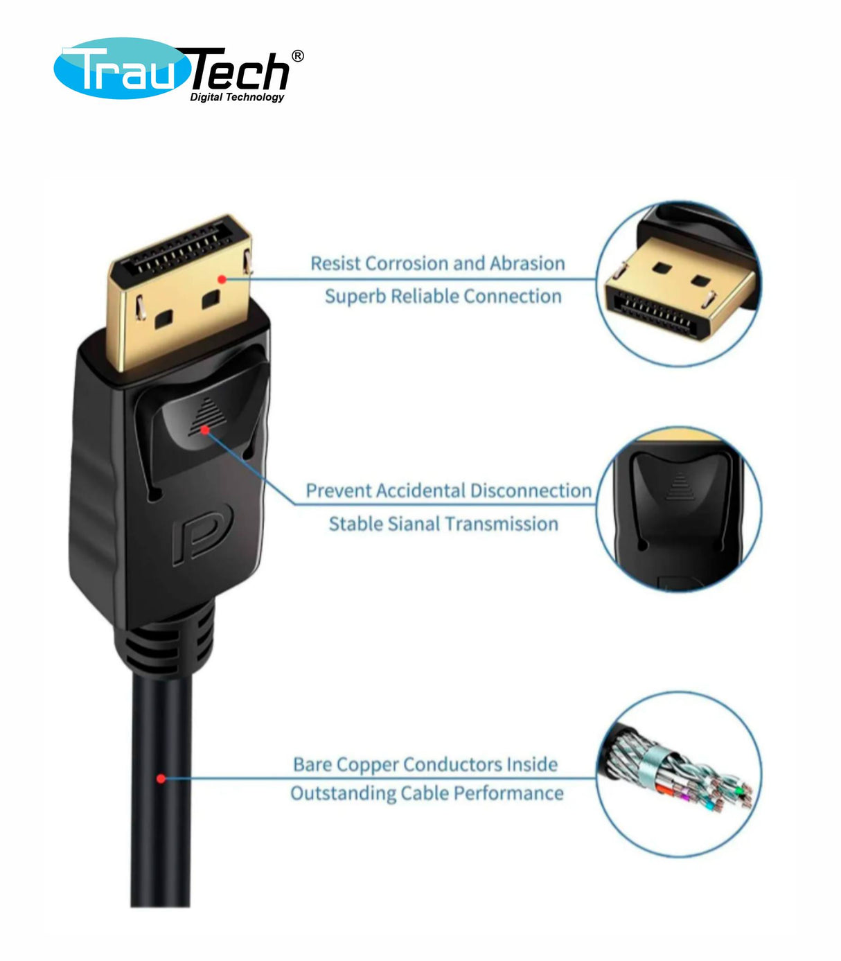 CABLE DISPLAYPORT 3MTS 4K /TRAUTECH PE-DP0144