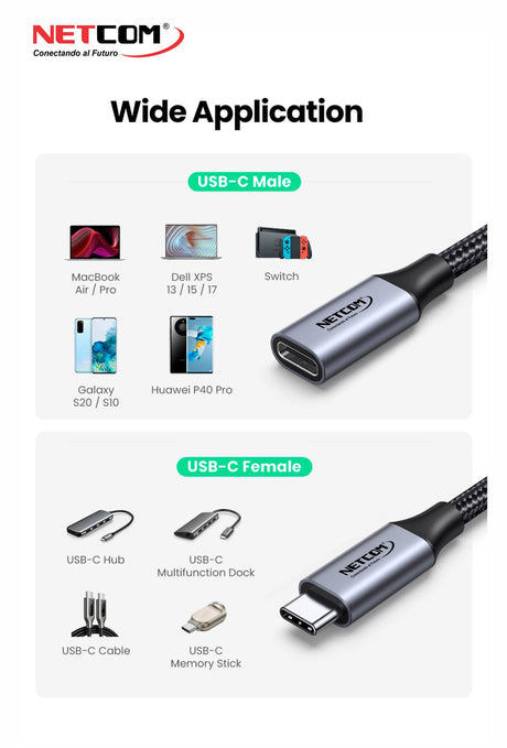 CABLE EXTENSION USB-C V3.2 GEN2 DE 1.80 MTS NETCOM PE-CA0109