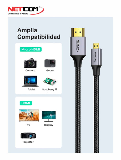 CABLE MICRO HDMI A HDMI DE 1.80 MTS UHD 4K 60Hz V2.0 PE-HD0832 NETCOM