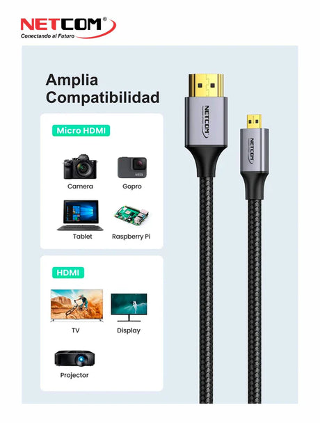 CABLE MICRO HDMI A HDMI DE 10 MTS UHD 4K@60Hz V2.0 - PE-HD0847 NETCOM