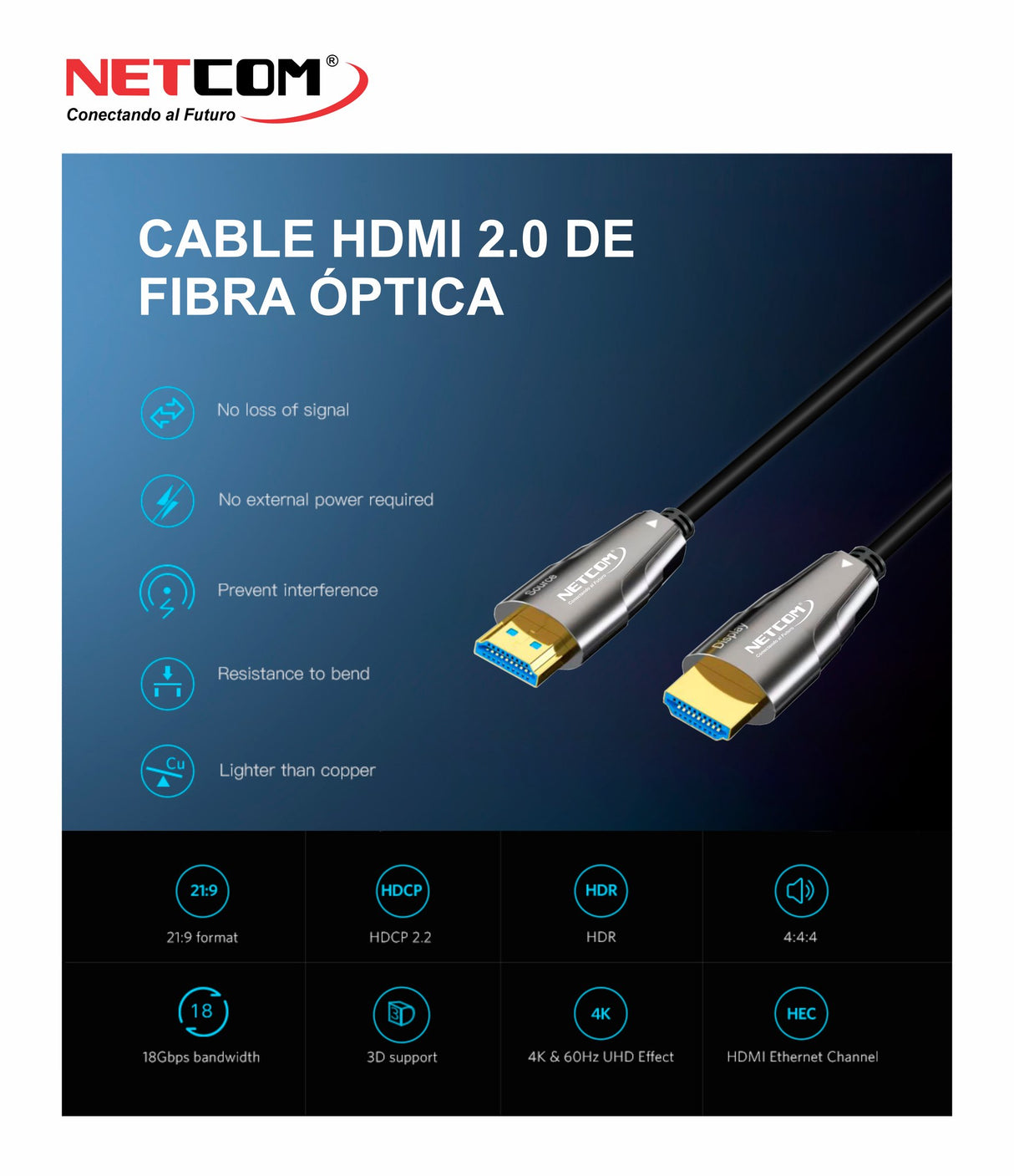 Cable HDMI Premium Fibra Óptica V2.0 de 80 Metros PE-CB0849 NETCOM