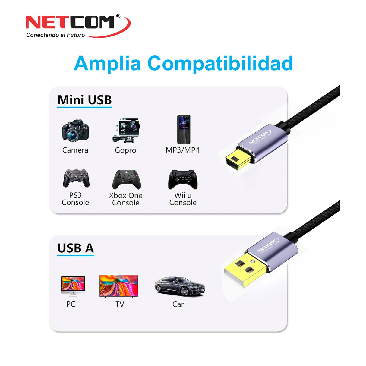 Cable USB a Mini USB 5 Pines V2.0 de 1.80 Metros PE-CA0114 NETCOM