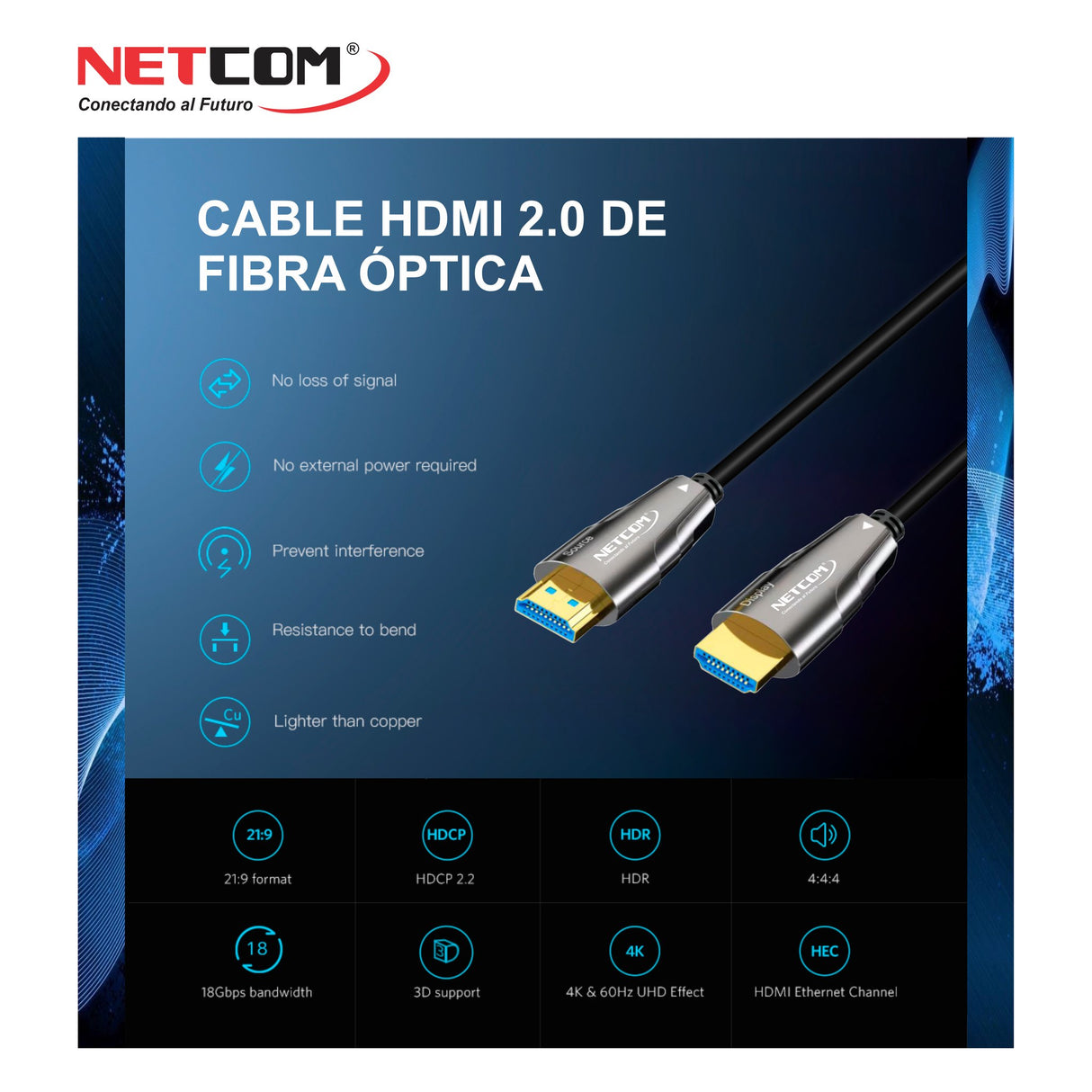 Cable HDMI Premium Fibra Óptica V2.0 de 100 Metros PE-CB0850 NETCOM