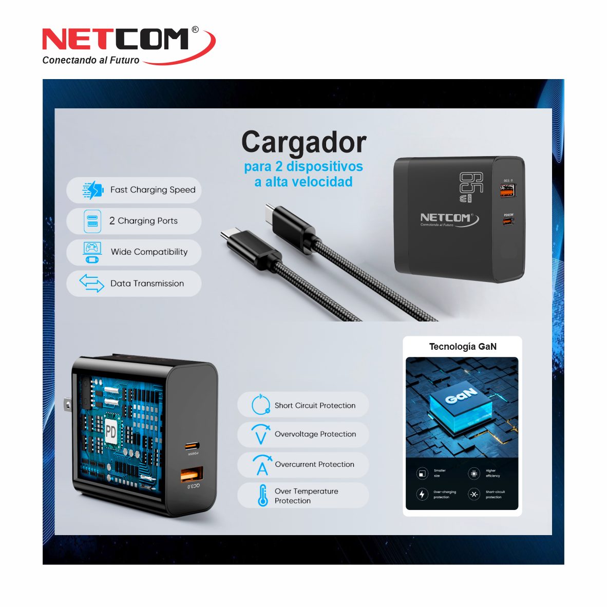 Cargador de Pared Universal de 65W 2 en 1 PE-HC0096 NETCOM