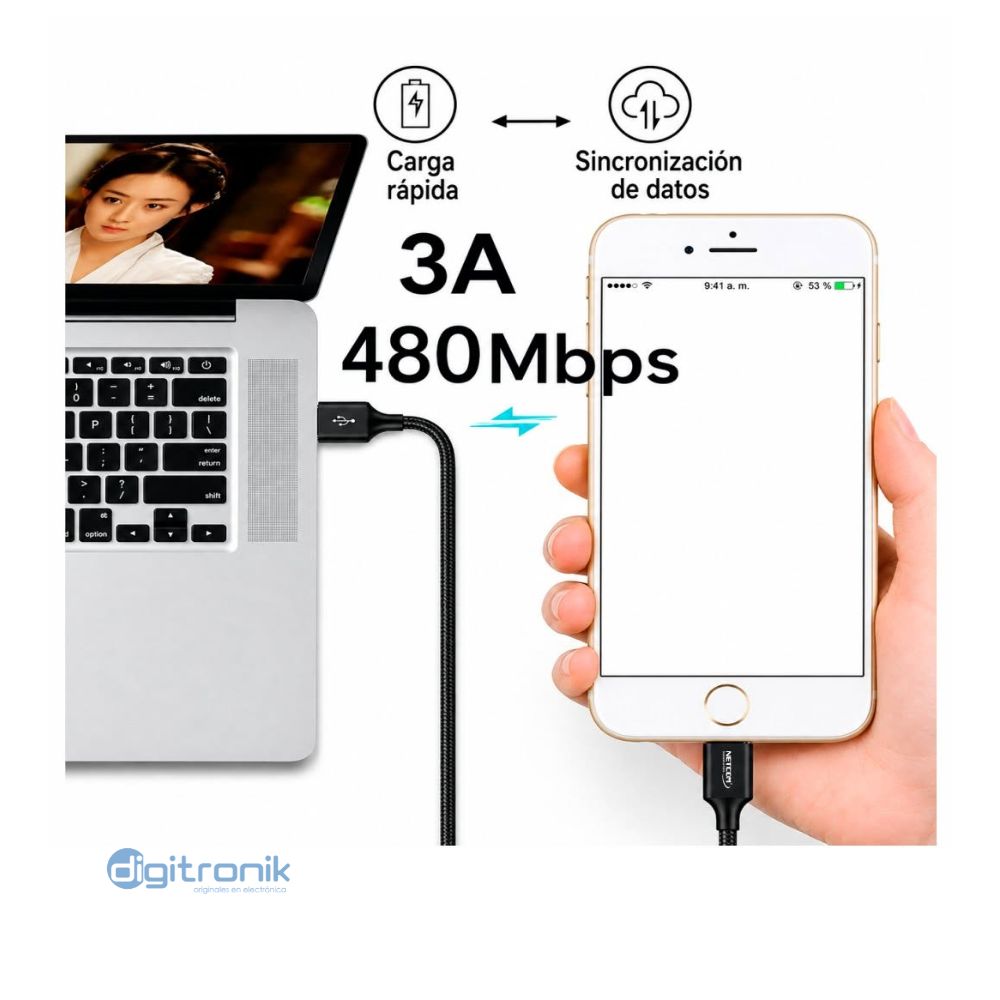 CABLE USB AM A LIGHTNING V2.0 DE 1.2MTS NETCOM PE-AC0111