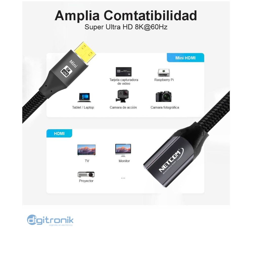 CABLE ADAPTADOR MINI HDMI A HDMI UHD 8K60HZ NETCOM PE-MN1001