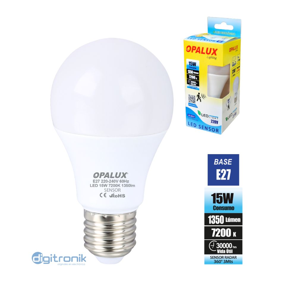 FOCO SENSOR RADAR 15W OPALUX 7200K OP-15MW-CW