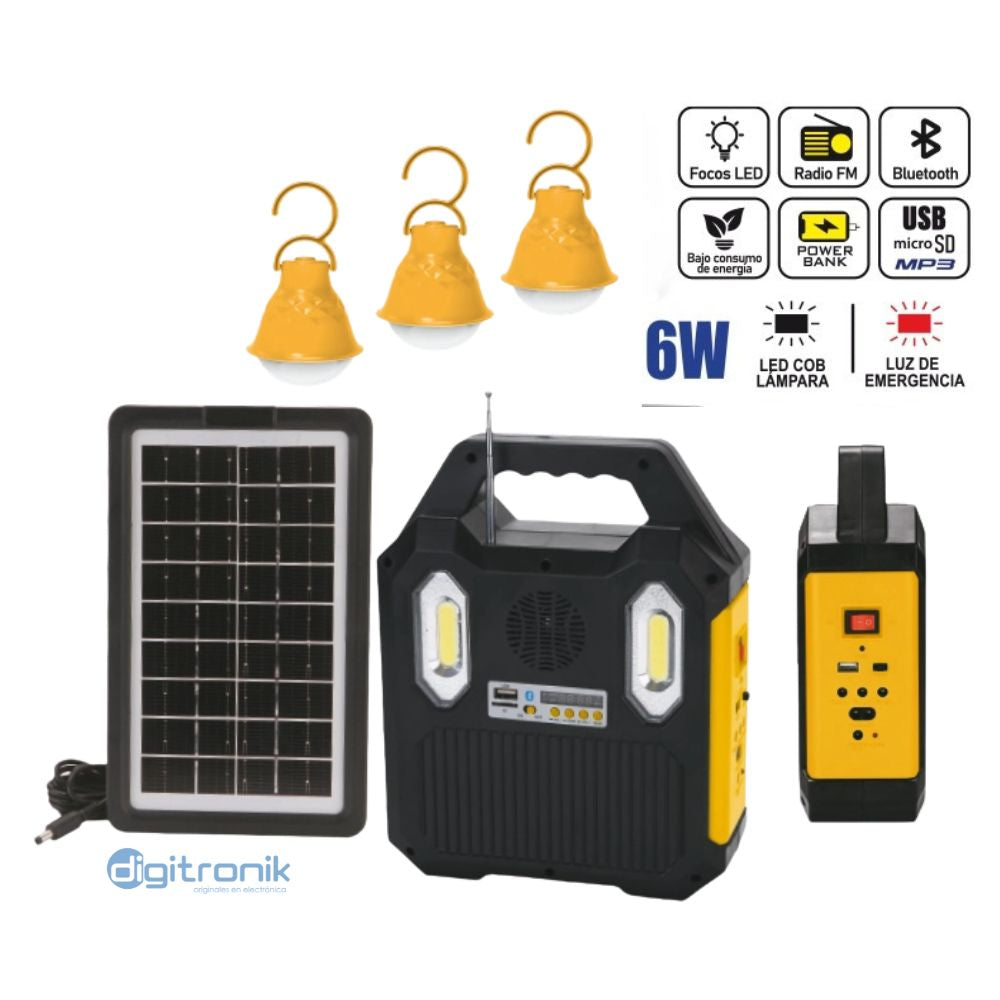 KIT SOLAR PORTATIL OPALUX 6W, CON 3 FOCOS 6V, PANEL SOLAR OP-9028B