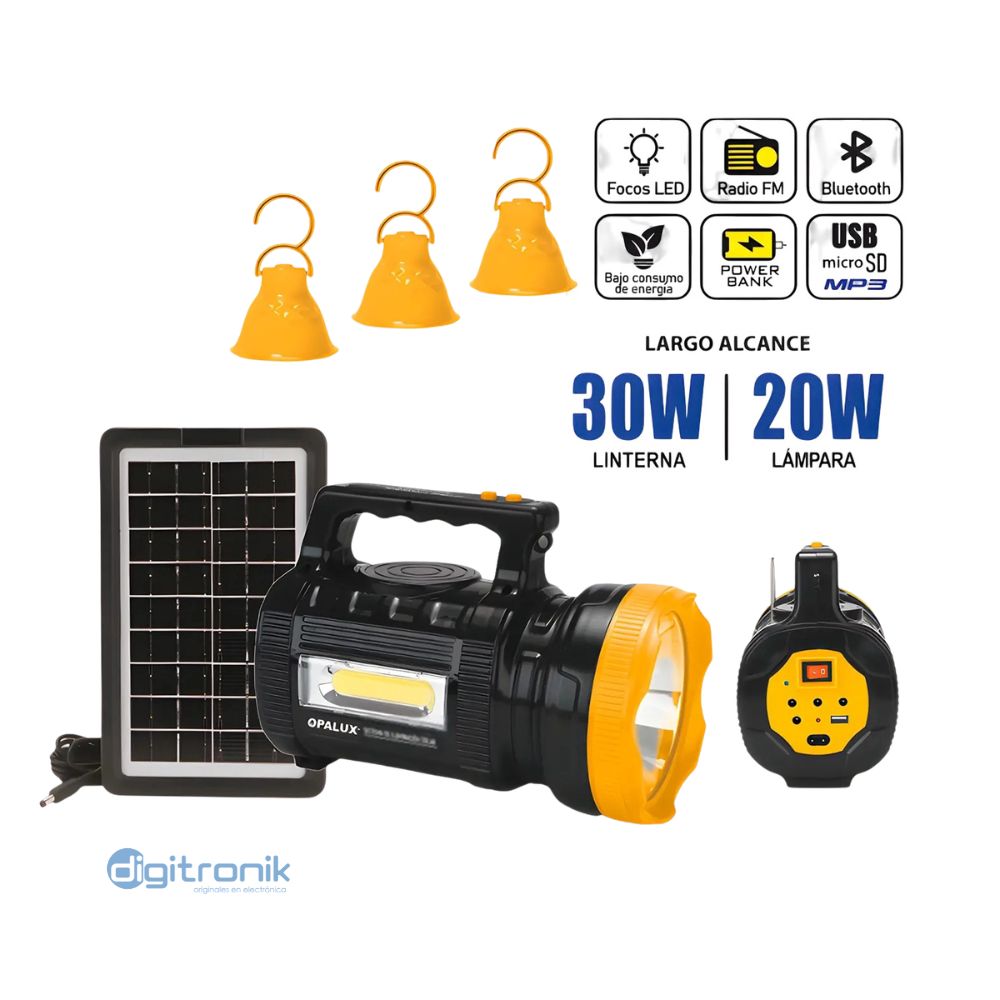 KIT SOLAR PORTATIL OPALUX LINTERNA 30W LAMPARA 20W OP-9019B
