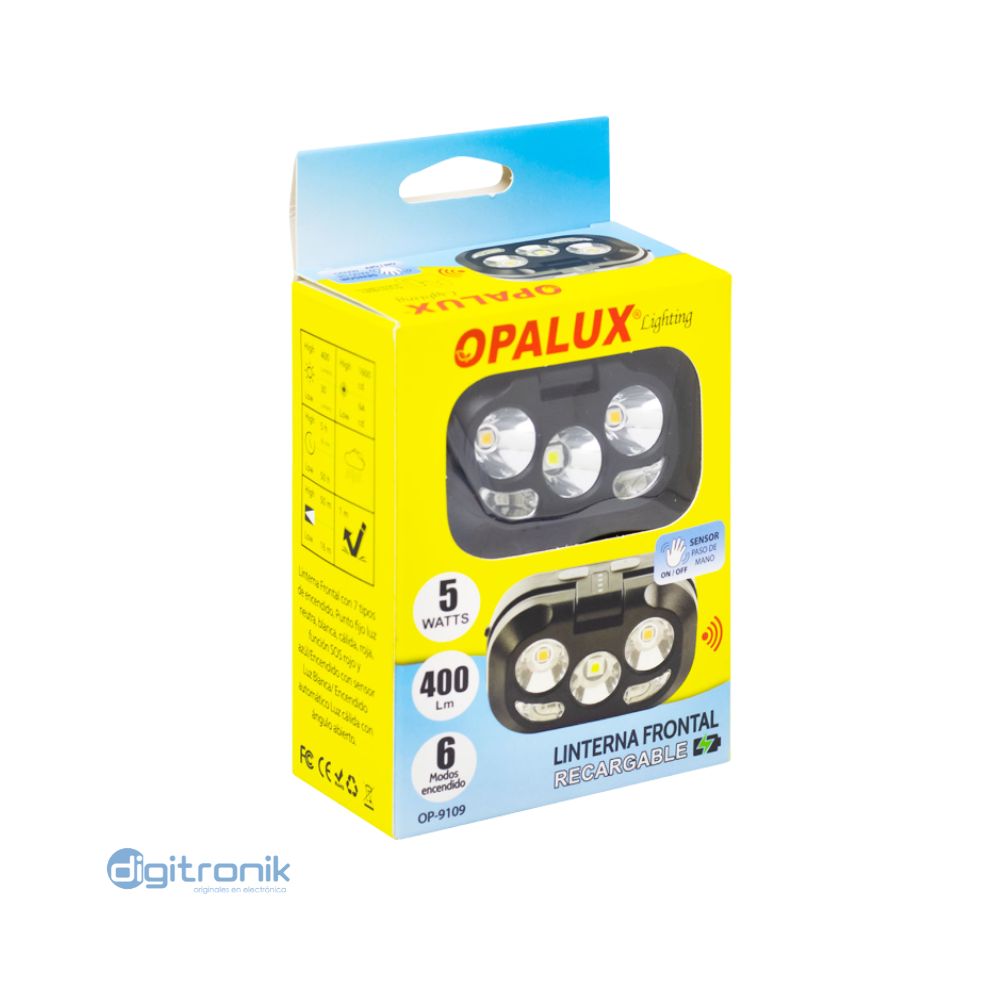 LINTERNA FRONTAL RECARGABLE CON SENSOR OPALUX 5W OP-9109