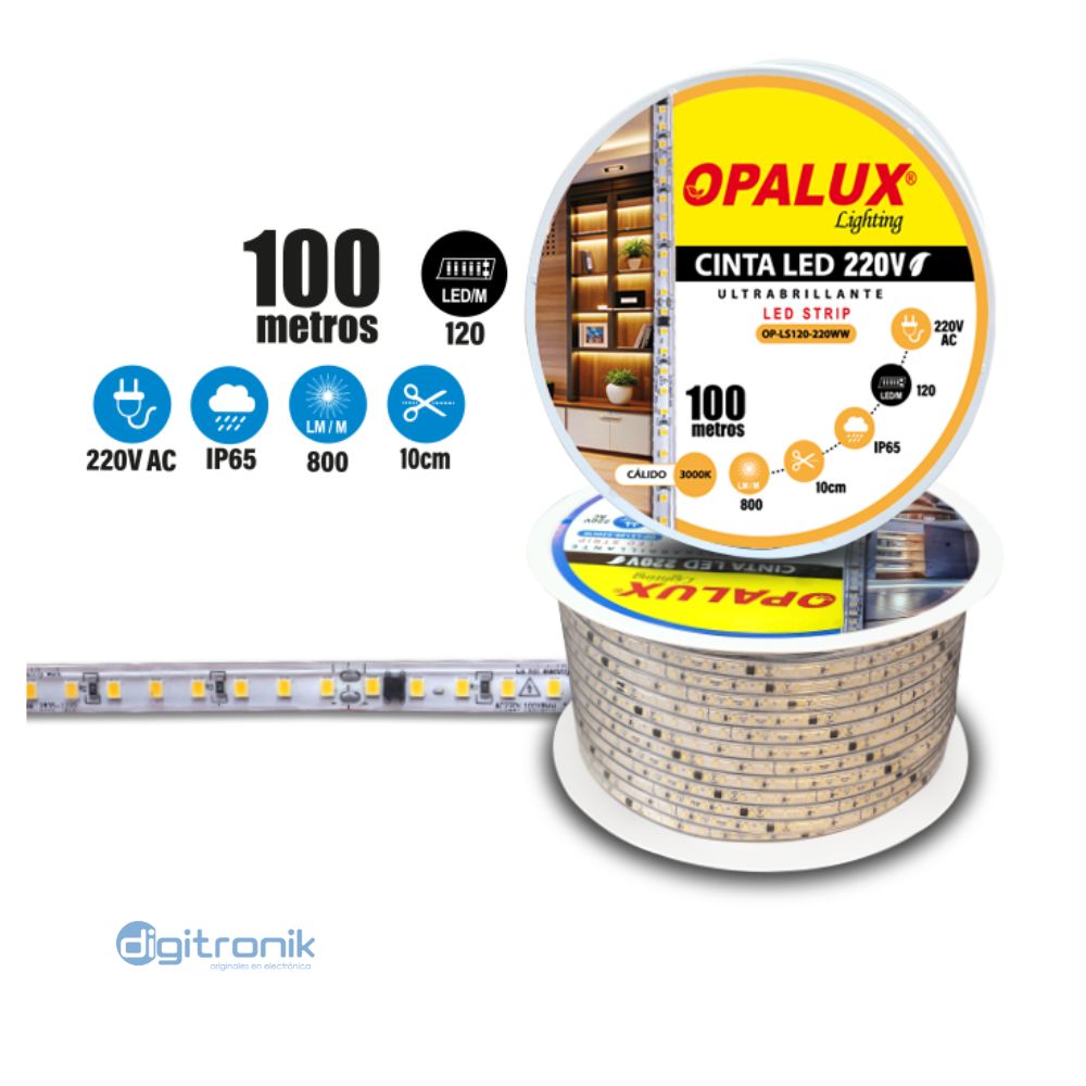 CINTA LED 220V 800LM 3000K 120LEDS IP65 OPALUX OP-LS120-220WW (100M)