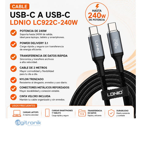 CABLE DE CARGA RAPIDA Y DATOS 2M 240W TYPE-C LDNIO LC922