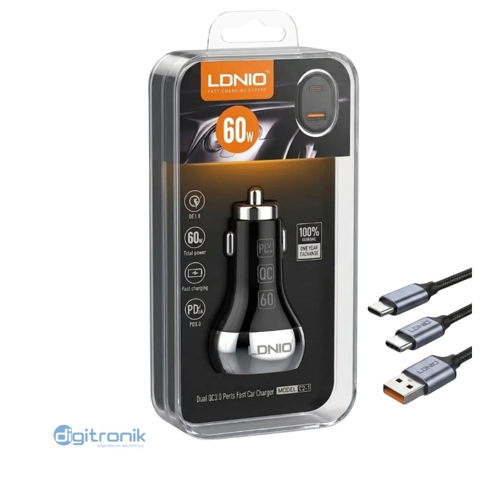 CARGADOR SUPER RAPIDO PARA AUTO 60W LDNIO C2-1