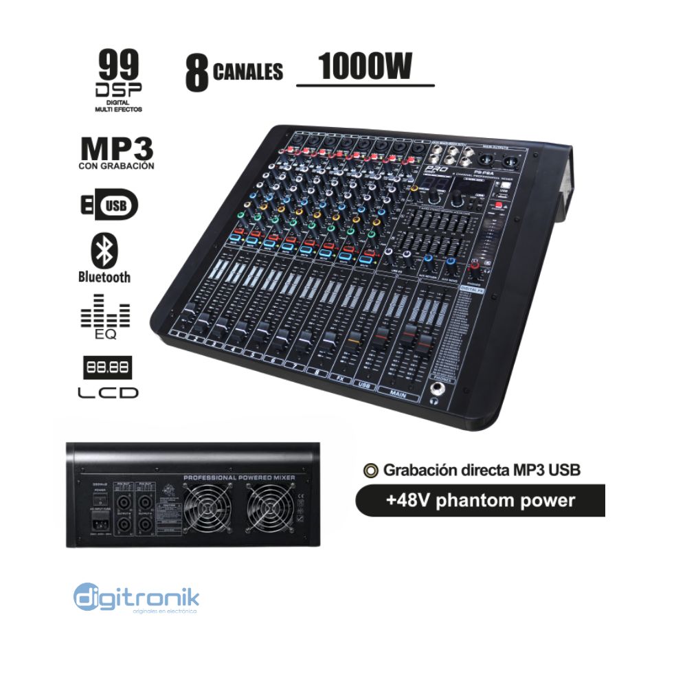 CONSOLA DE AUDIO "PRO SERIES" 8 CANALES 350WX 2 RMS PS-P8A