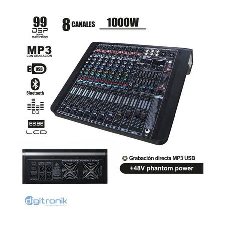 CONSOLA DE AUDIO "PRO SERIES" 8 CANALES 350WX 2 RMS PS-P8A