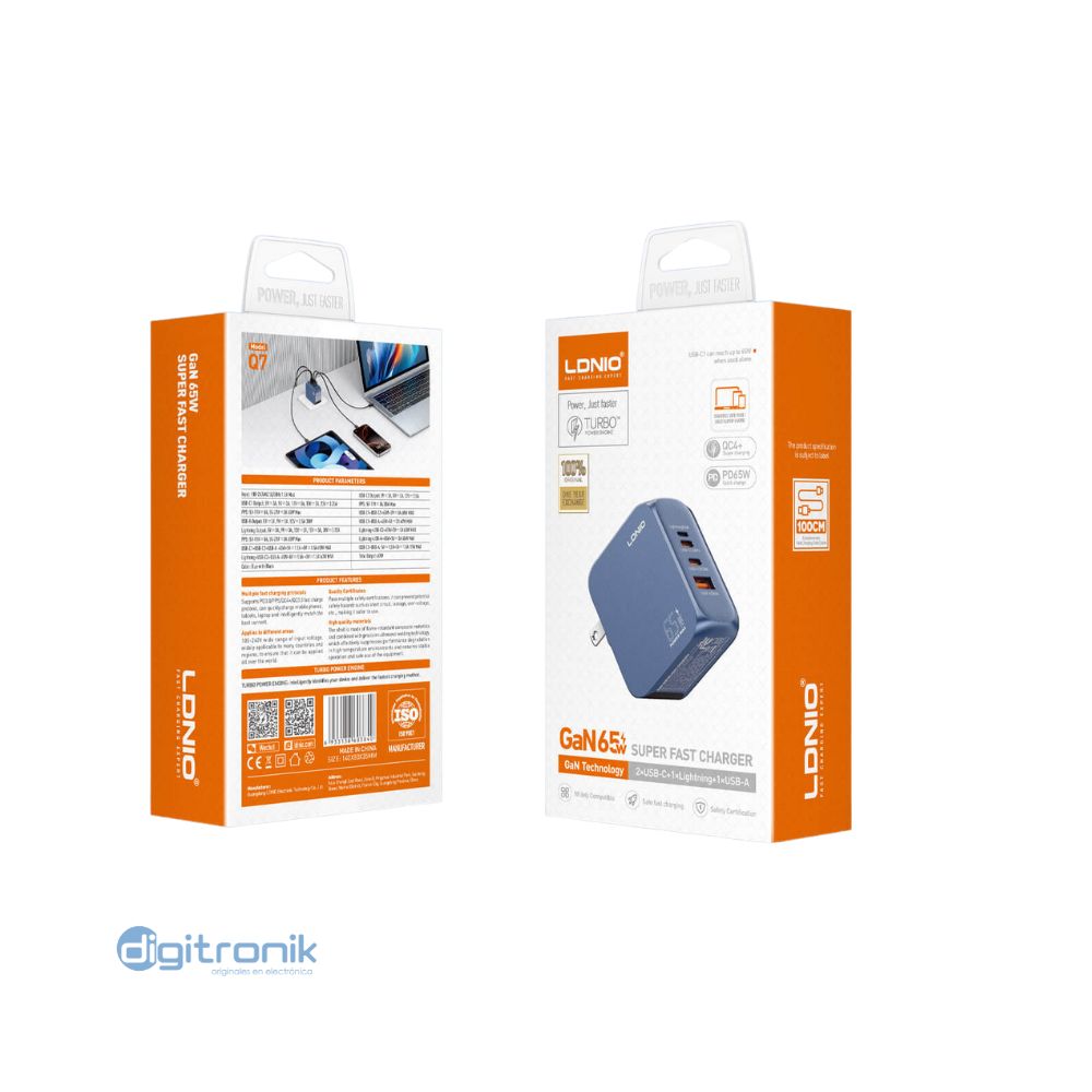 CARGADOR SUPERRÁPIDO PD DE 65W  LDNIO Q7