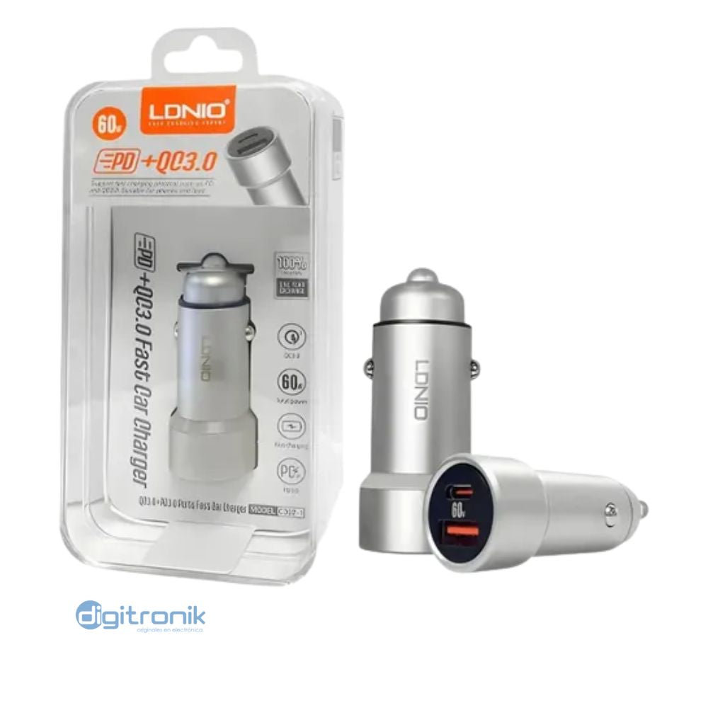 CARGADOR PARA AUTO RAPIDO METAL 60W LDNIO C302-1
