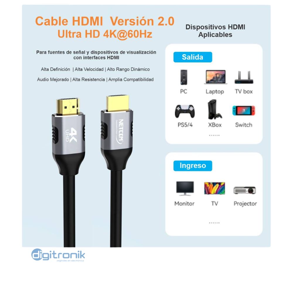 CABLE HDMI V2.0 DE 1 MTS NETCOM PE-HD0101