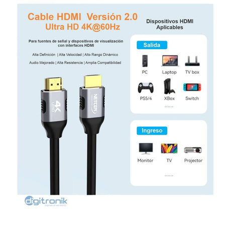 CABLE HDMI V2.0 DE 1 MTS NETCOM PE-HD0101