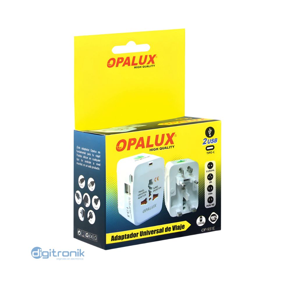 ADAPTADOR UNIVERSAL DE VIAJE OPALUX + 2 ENTRADAS USB OP-931E