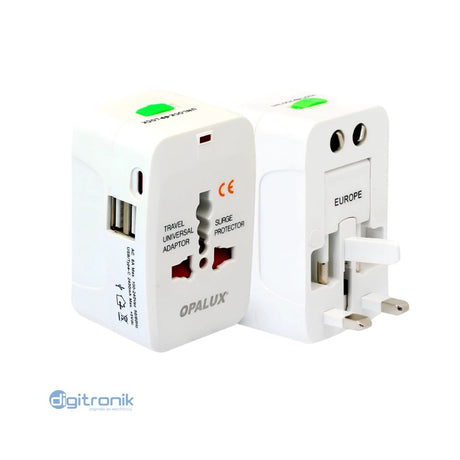 ADAPTADOR UNIVERSAL DE VIAJE OPALUX + 2 ENTRADAS USB OP-931E