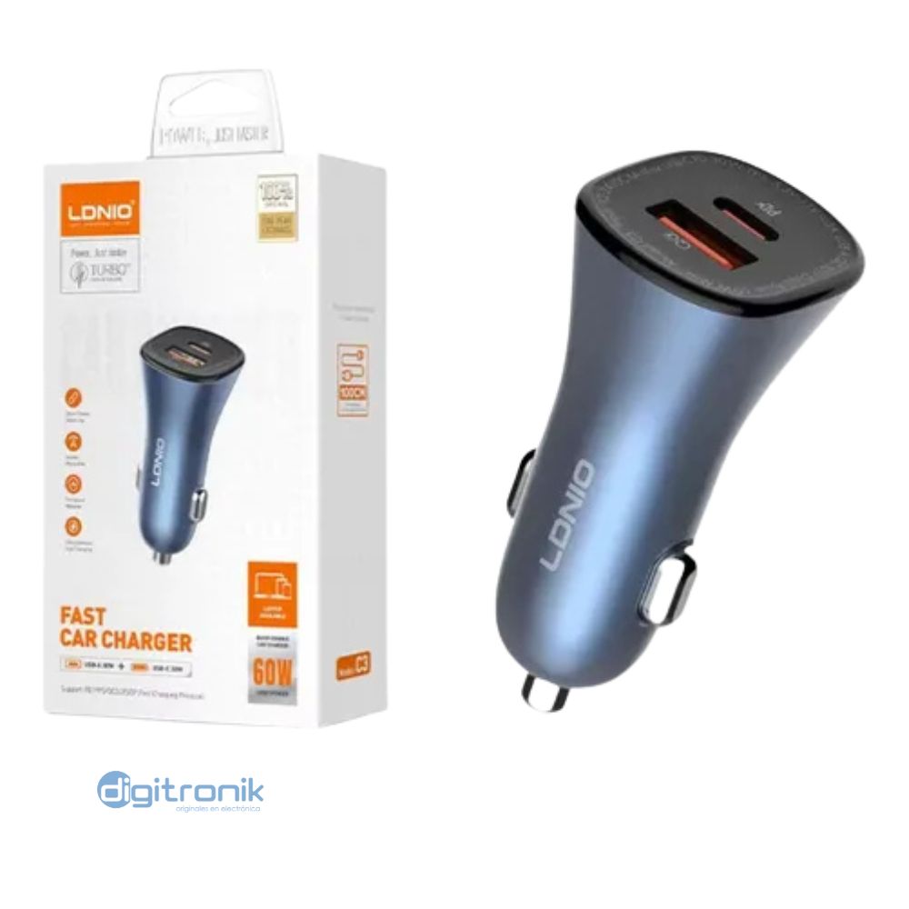CARGADOR PARA AUTO SUPERRAPIDO PD + QC DE 60W LDNIO C3