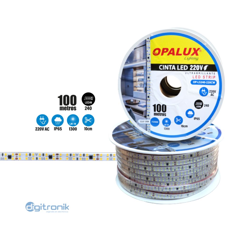 CINTA LED 220VAC 1300LM 7200K 240LEDS IP65 OPALUX OP-LS240-220CW (100M)