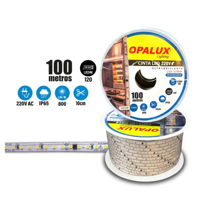 CINTA LED OPALUX 220VAC 800LM 7200K 120LEDS 100MTS OP-LS120-220CW