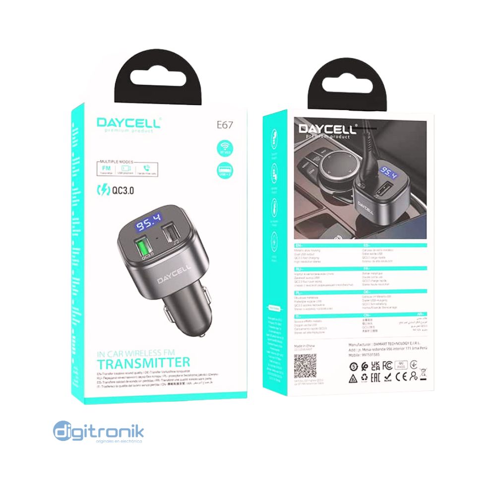 CARGADOR DE AUTO QC3.0CON TRANSMISOR FM DAYCELL E67