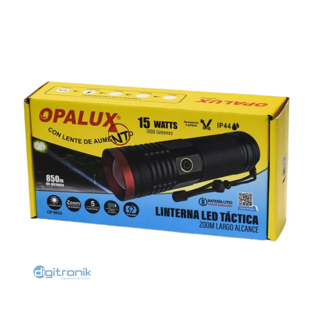 LINTERNA LED TACTICA 15W OPALUX 1000LM, 5 MODOS, IP44 OP-8623