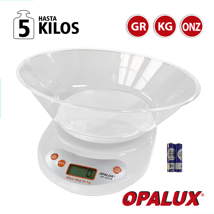 BALANZA DIGITAL BLANCA 1GR A 5KG PANTALLA OPALUX LCD OP-1811A-WH