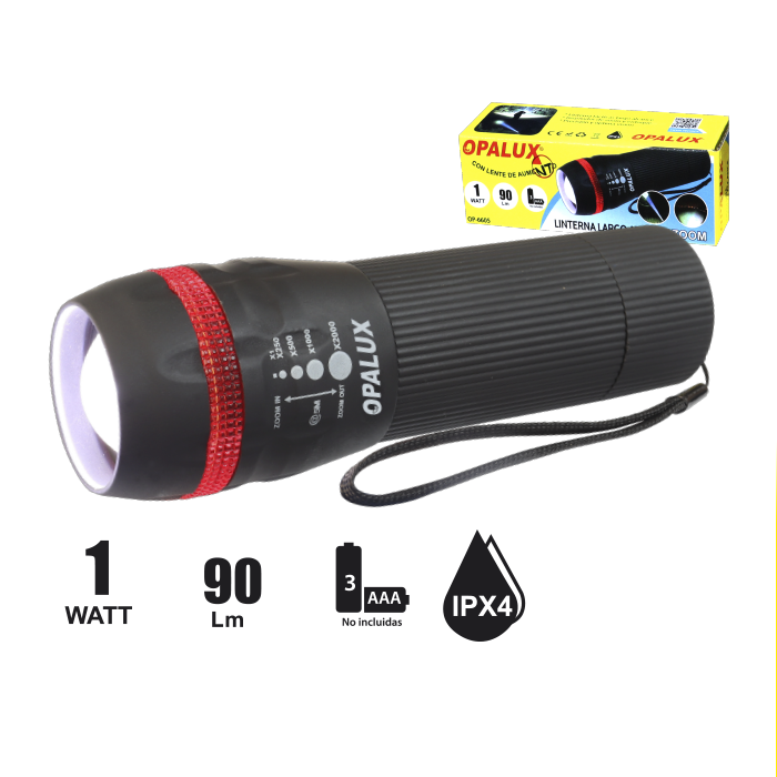 LINTERNA LARGO ALCANCE ZOOM 1W OPALUX 90LM/3 PILAS AAA OP-6605