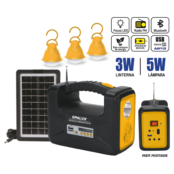 KIT SOLAR PORTATIL OPALUX LINTERNA 3W LÁMPARA 5W OP-9011B