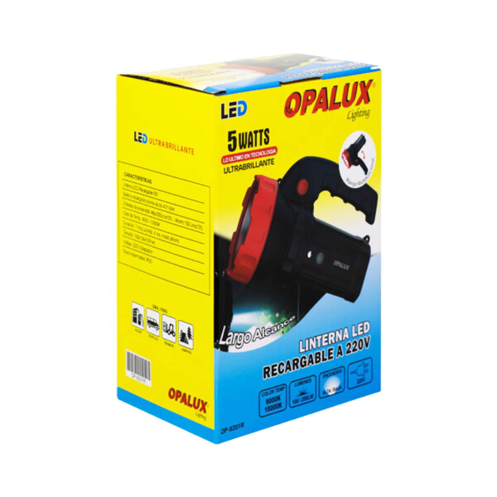 LINTERNA LED RECARGABLE 220V OPALUX 5W ROJO OP-9201R