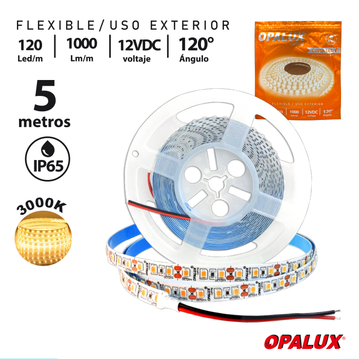 CINTA LED 3000K LED2835 120LEDS OPALUX 5M LUZ CALIDA IP65 OP-LS65120-WW