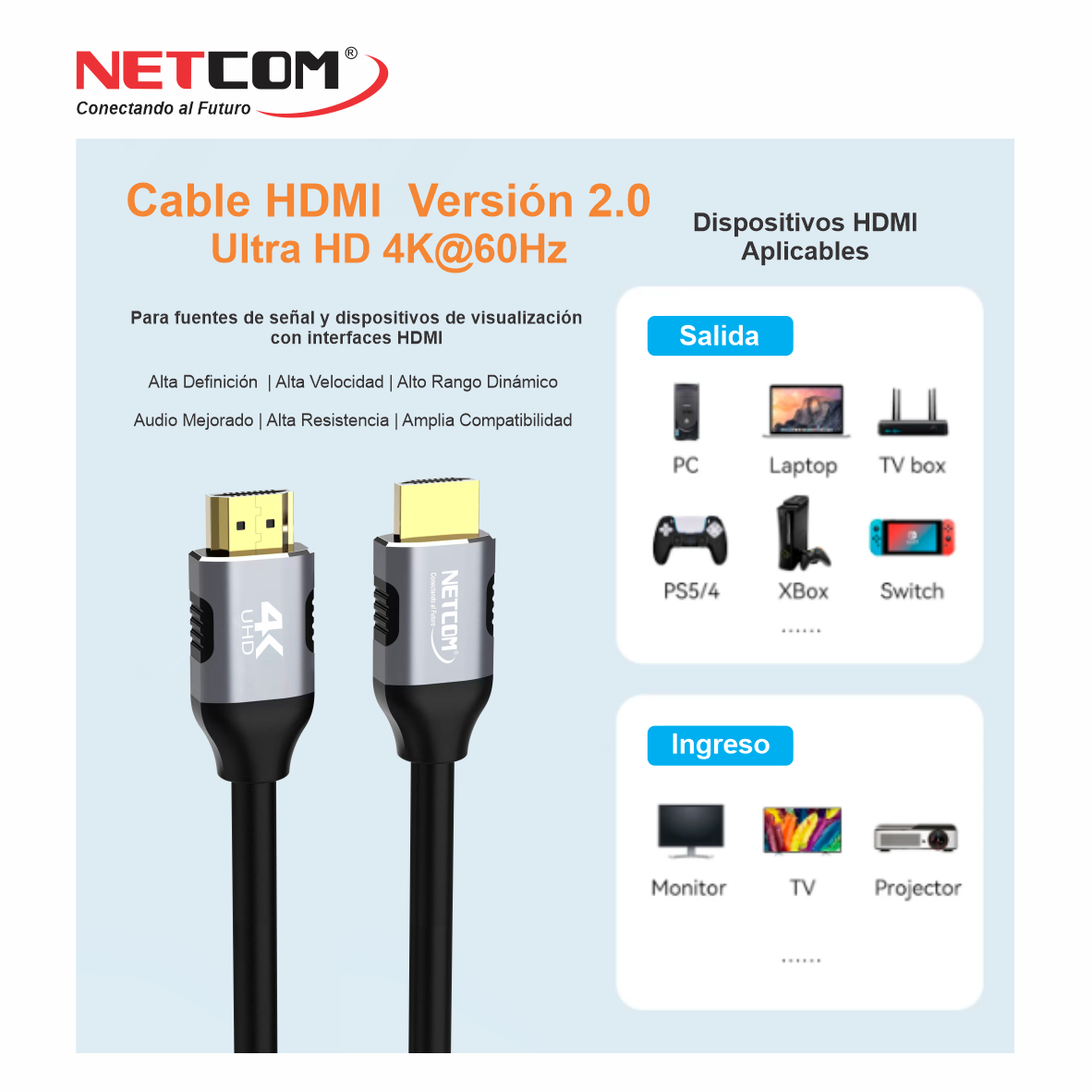 CABLE HDMI 2.0 4K@60Hz de 30MTS NETCOM PE-HD0130