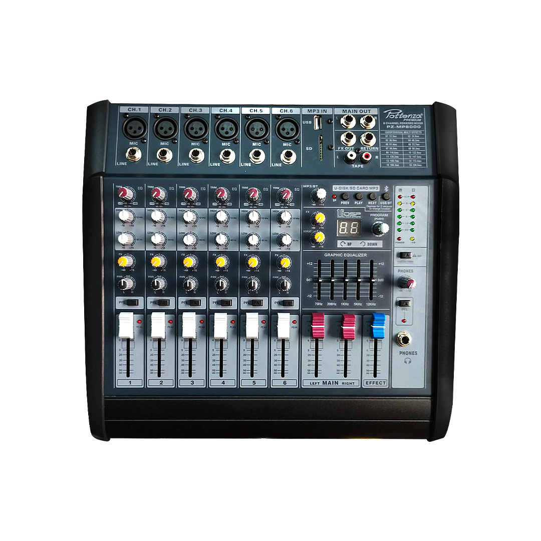 CONSOLA 6 CANALES 2X170W C/USB BLT POTTENZA PREMIUM PZ-MP6000BLT