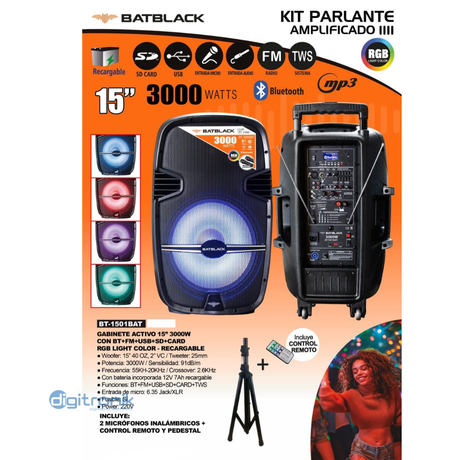 PARLANTE AMPLIFICADO 15" 3000W BATBLACK CON BT,FM,USB BT-1501BAT