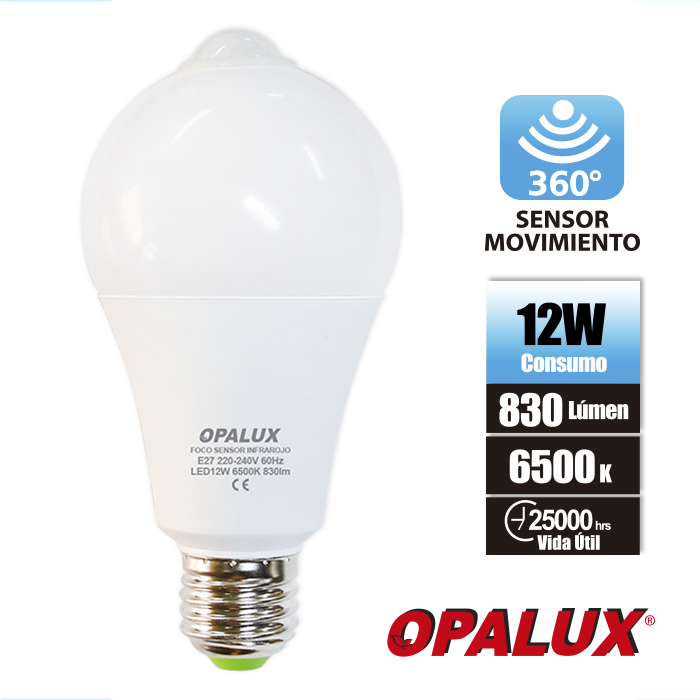 FOCO LED 12W LUZ BLANCA C/SENSOR DE MOV NOCTURNO OPALUX ST-461B